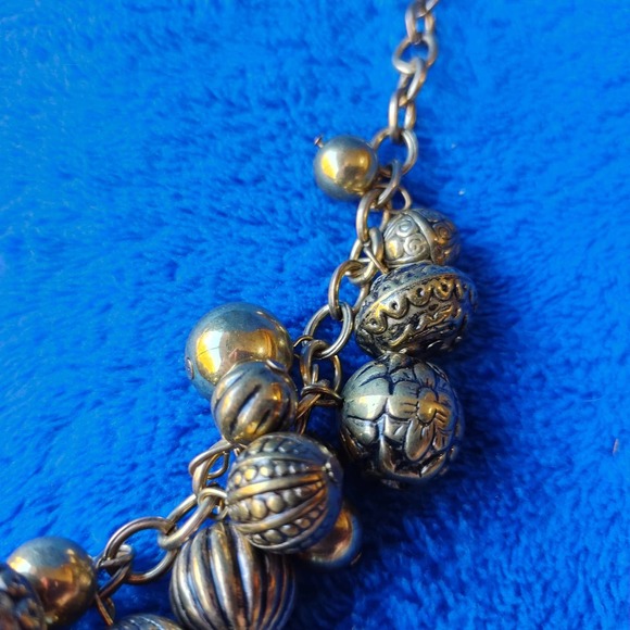 Cluster Carved Bronze Metal Beaded Charm Chunky Statement Necklace - Picture 4 of 6